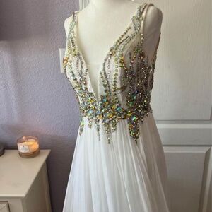 White Jovani Crystal Evening Gown